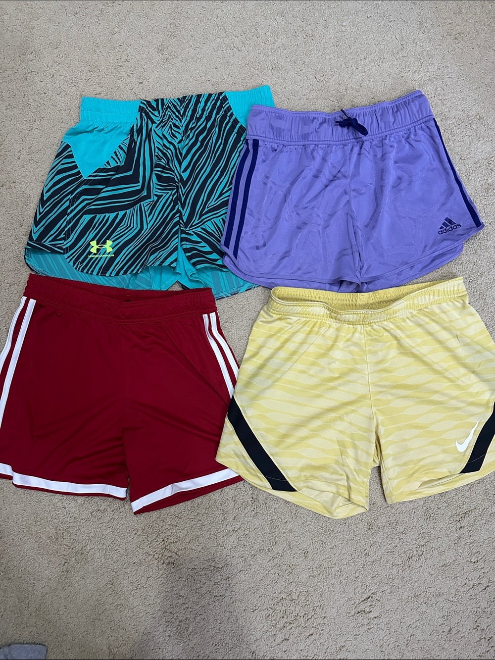 Assorted Teen/Womens Athletic Shorts Teal, Purple, Red, Yellow -UA, Nike, Adidas